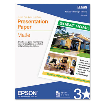 Epson® Matte Presentation Paper, 4.9 Mil, 8.5 X 11, Matte Bright White, 100-pack freeshipping - TVN Wholesale